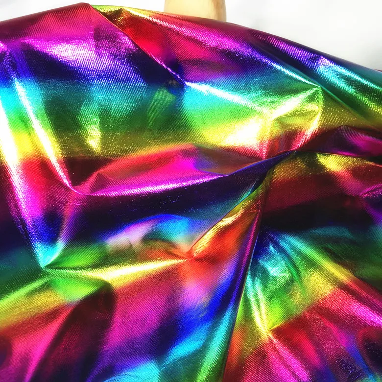 Rainbow Colours Reflective Stiffness Foil Coating Designer Fabrics Faux Leather Creative Decorative Fabrics