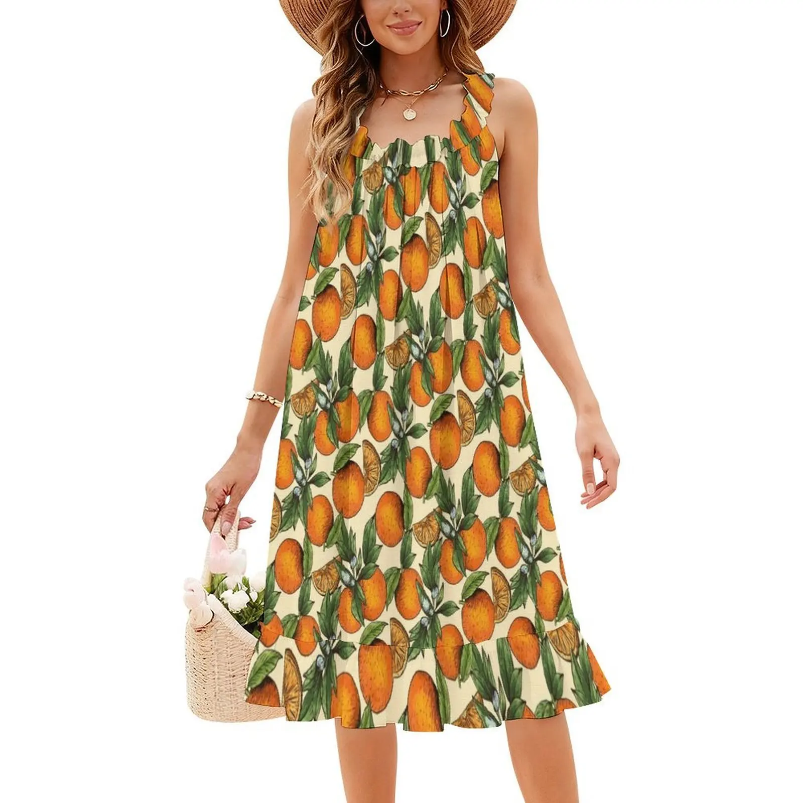 Hand Drawn Orange Food Pattern Preppy Style Mini Dress For Women A-Line Loose Fit Casual Day Dress Fruit Fresh Orange Oranges #4