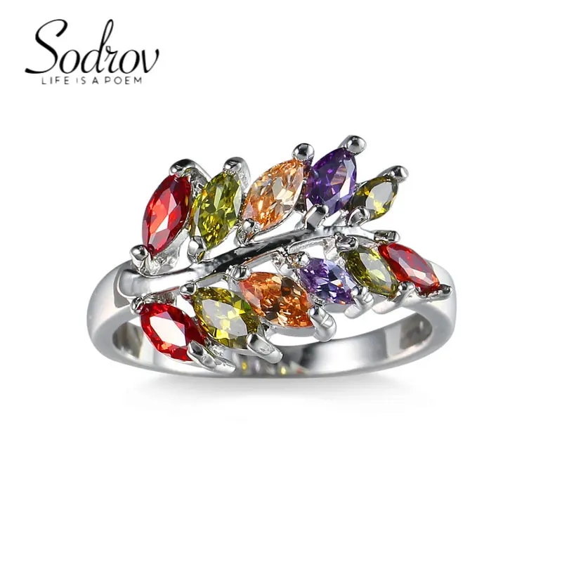 SODROV Leaf Shape Color Zircon Hand Jewelry for Women Created Crystal Rings Bride Wedding Band Festival Gift