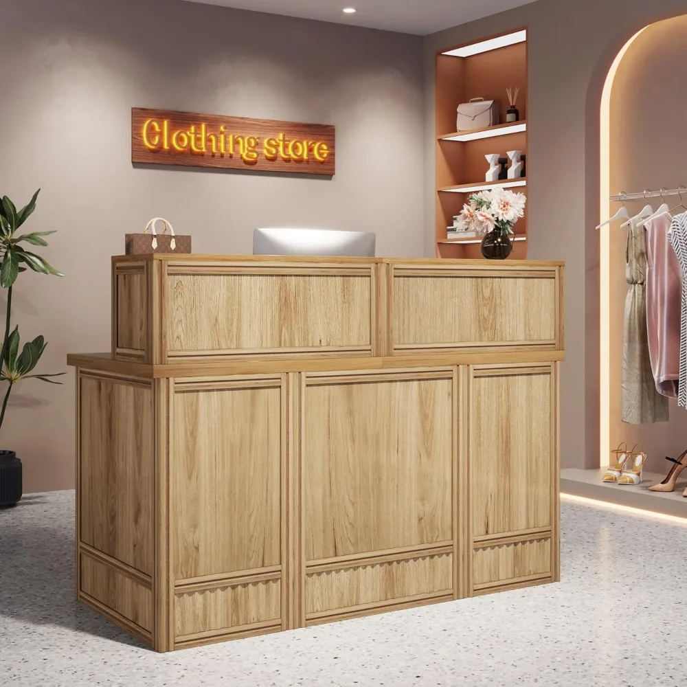 Reception Desk with Counter, 57-Inch Rustic Front Receptionist Table, Boho Welcome Desk Checkout Counter for Office