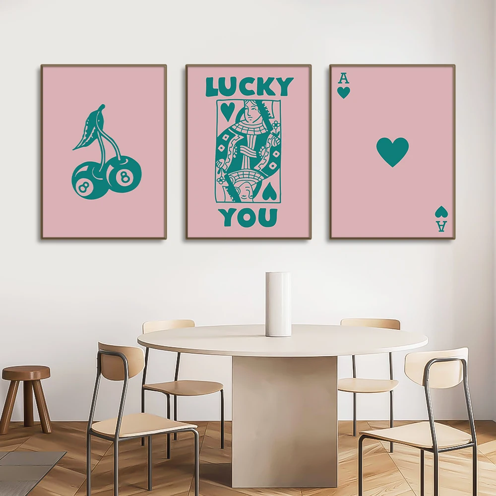 3pcs Queen Of Heart Ace Card Canvas Poster and Prints Lucky You Cherry Ball Canvas Paintings For Living Room Wall Art Home Decor