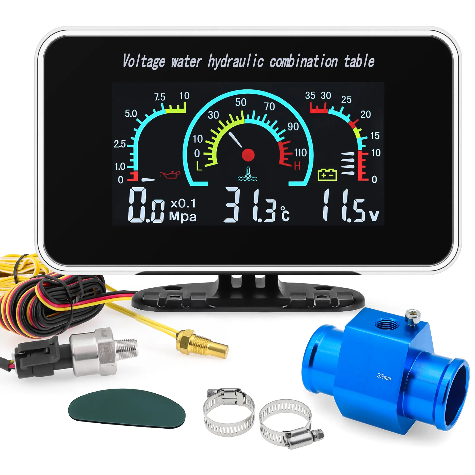 

3 IN 1 LCD Gauge Oil Pressure Gauge+Water Temp Meter+Voltmeter with Water Temp Joint Pipe Sensor 26mm-40mm for Car 12V 24V