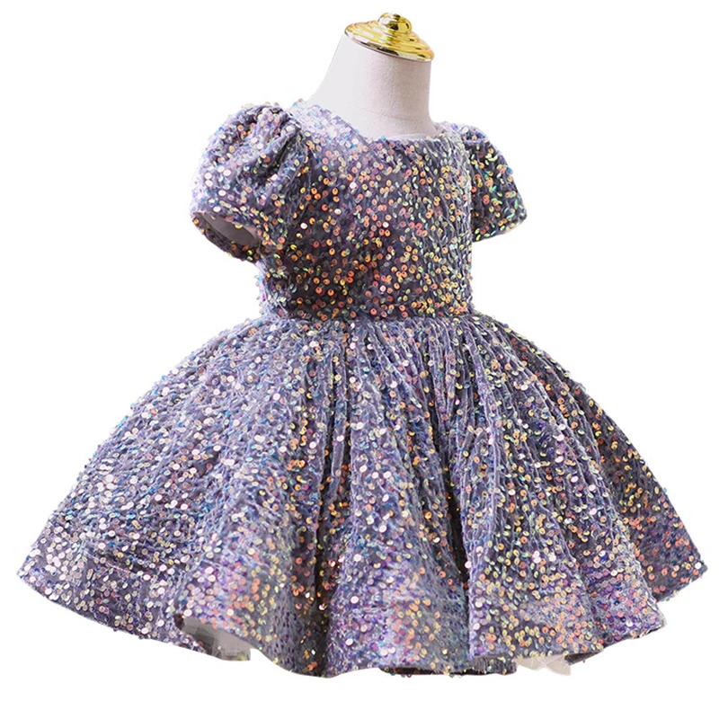 Puffy Princess Dress for Girls Sequin Purple Kids Dresses Children Clothing Girl Wedding Party 8 14 Years Elegant Catwalk Show