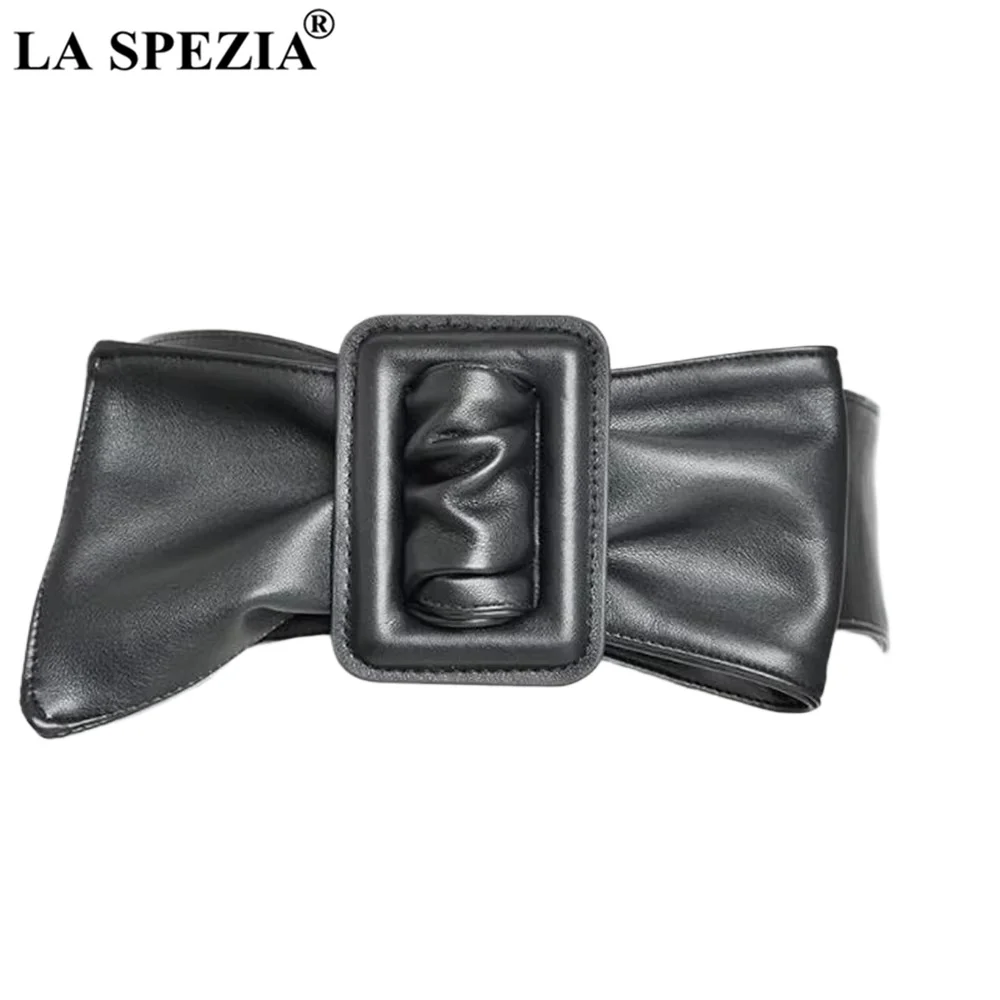 

LA SPEZIA Black Wide Women Belt For Dresses PU Leather Big Bow red Cummerbund Ladies Fashion Brand Solid Female Wide Waist Belt