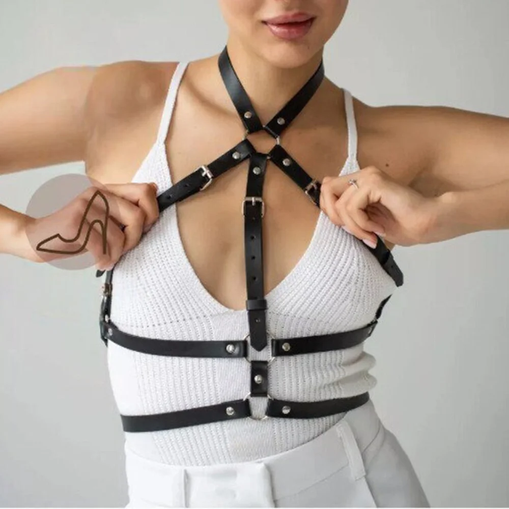 

Gothic Handmade PU Leather Harness Belts Fashion Faux Leather Cage Vest Chest Sculpting Body Strap Waist Belt Cincher Harajuku