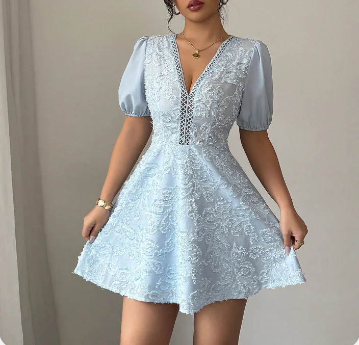 

Women's Dress 2026 New Spring Summer Bubble Sleeve V-Neck Lace Jacquard Solid Color High Waist Casual A-Line Mini Dress