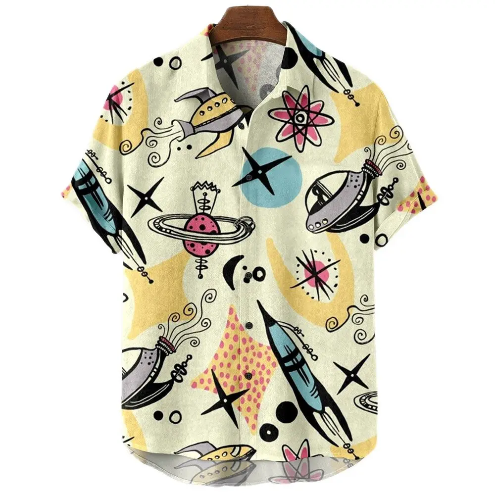 Men\'s Rocket Print Hawaiian Shirt 3d Print Harajuku Cartoon High Quality Summer Men\'s Casual