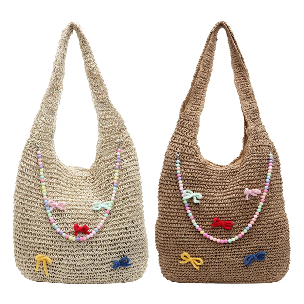 

Women Woven Straw Shoulder Bag with Colorful Strip Messenger Bag Zipper Closure Hobo Bag Handbag for Beach Travel