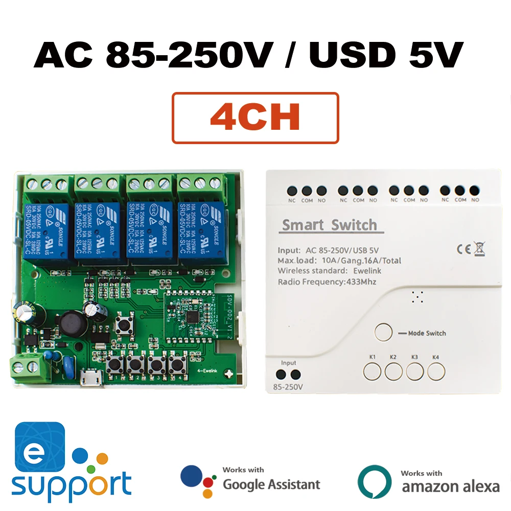 eWeLink Smart Remote Control Wifi Switch Module 1/2/4CH DC 12V 24V 32V 110V 220V Inching Self-locking RF433 Receive 4 Way Relay