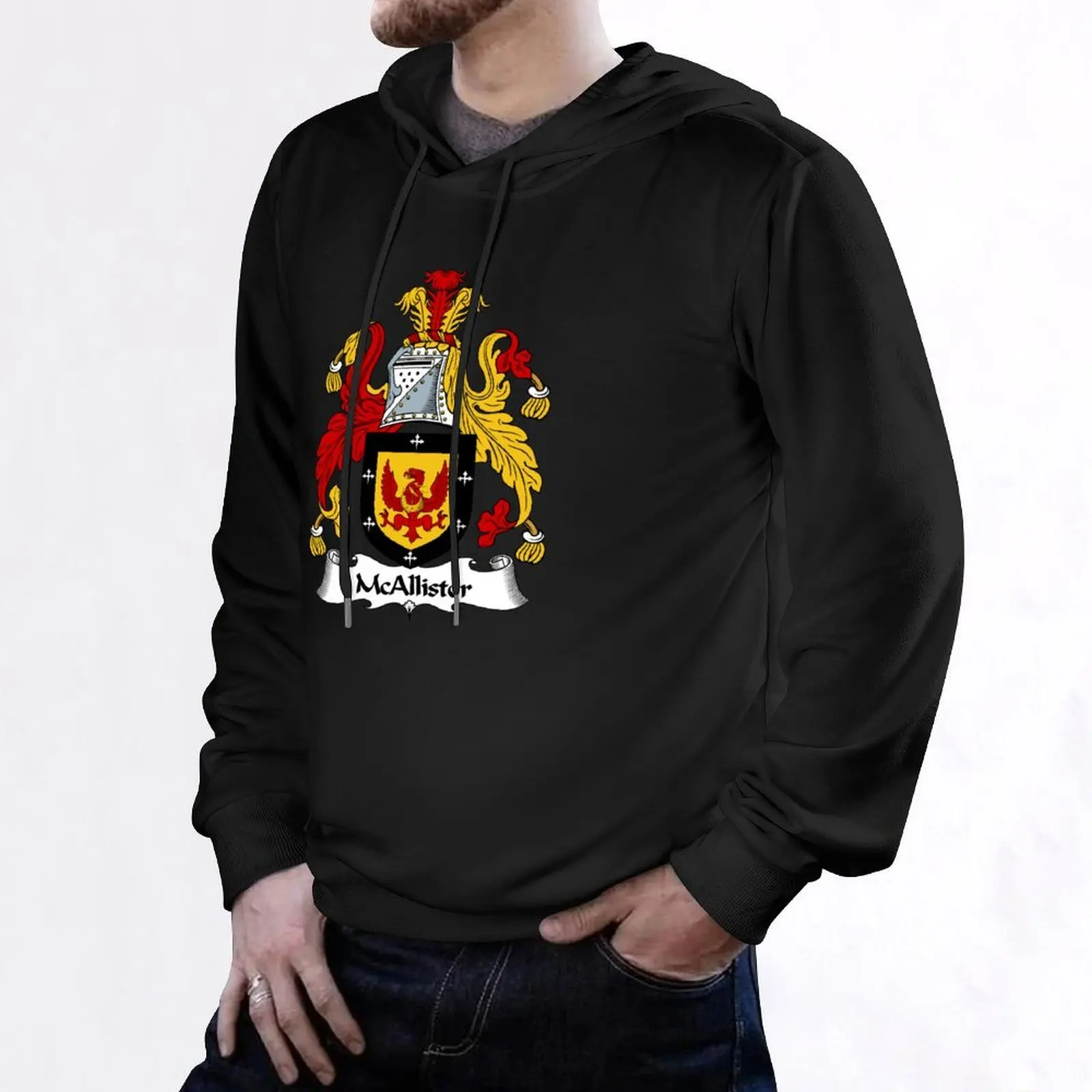 معطف McAllister من الأسلحة / بلوزة بقلنسوة من McAllister Family Crest قميص بقلنسوة ملابس رجالية جديدة في هوديس