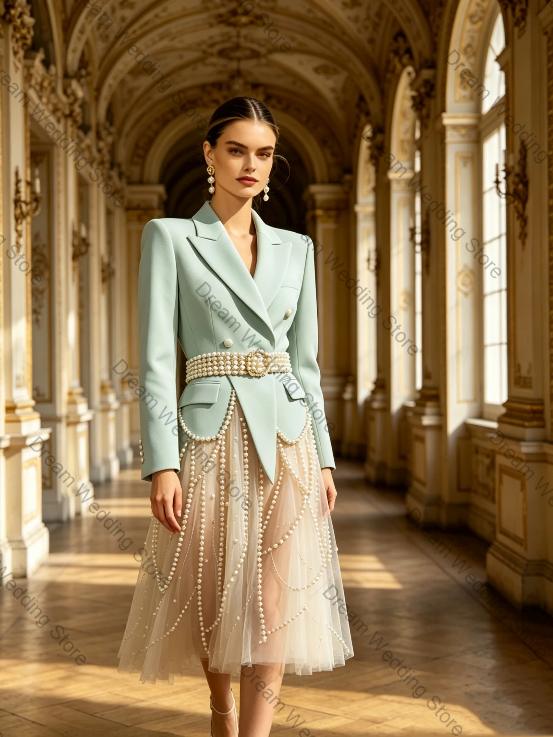 

Green Women Suit Set 2 Pcs Blazer+Pleated Prom Dress Belted Pearls Formal Office Lady Jacket Customized Wedding Guest Coat