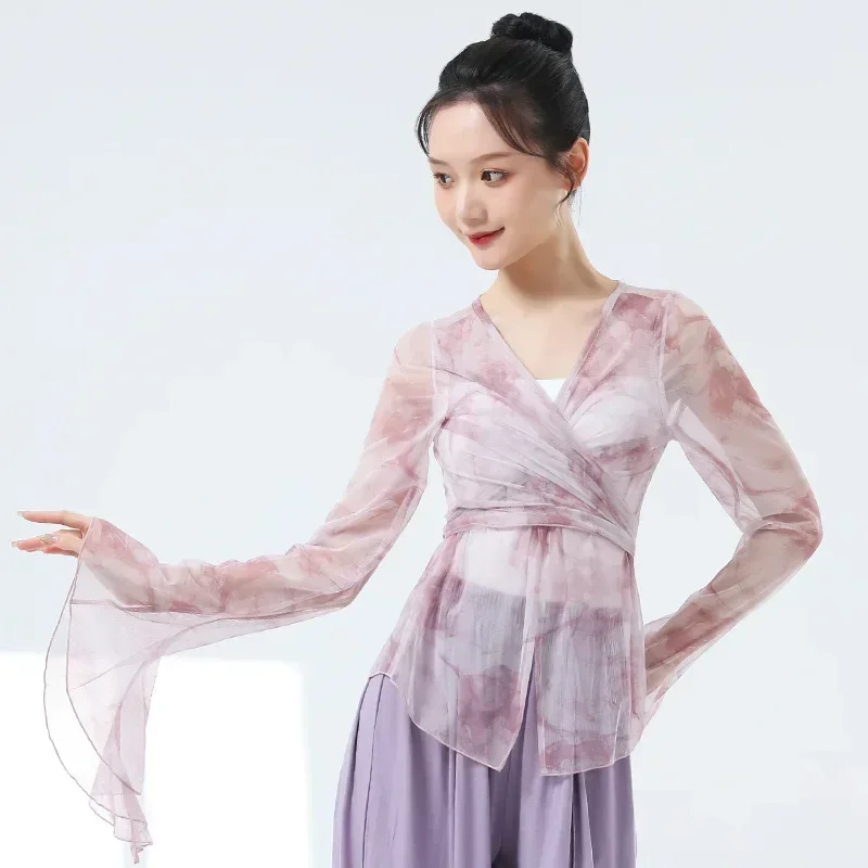 Classical dance mesh dance clothes women's summer sun protection street wear new printed elegant horn lotus leaf sleeves  top