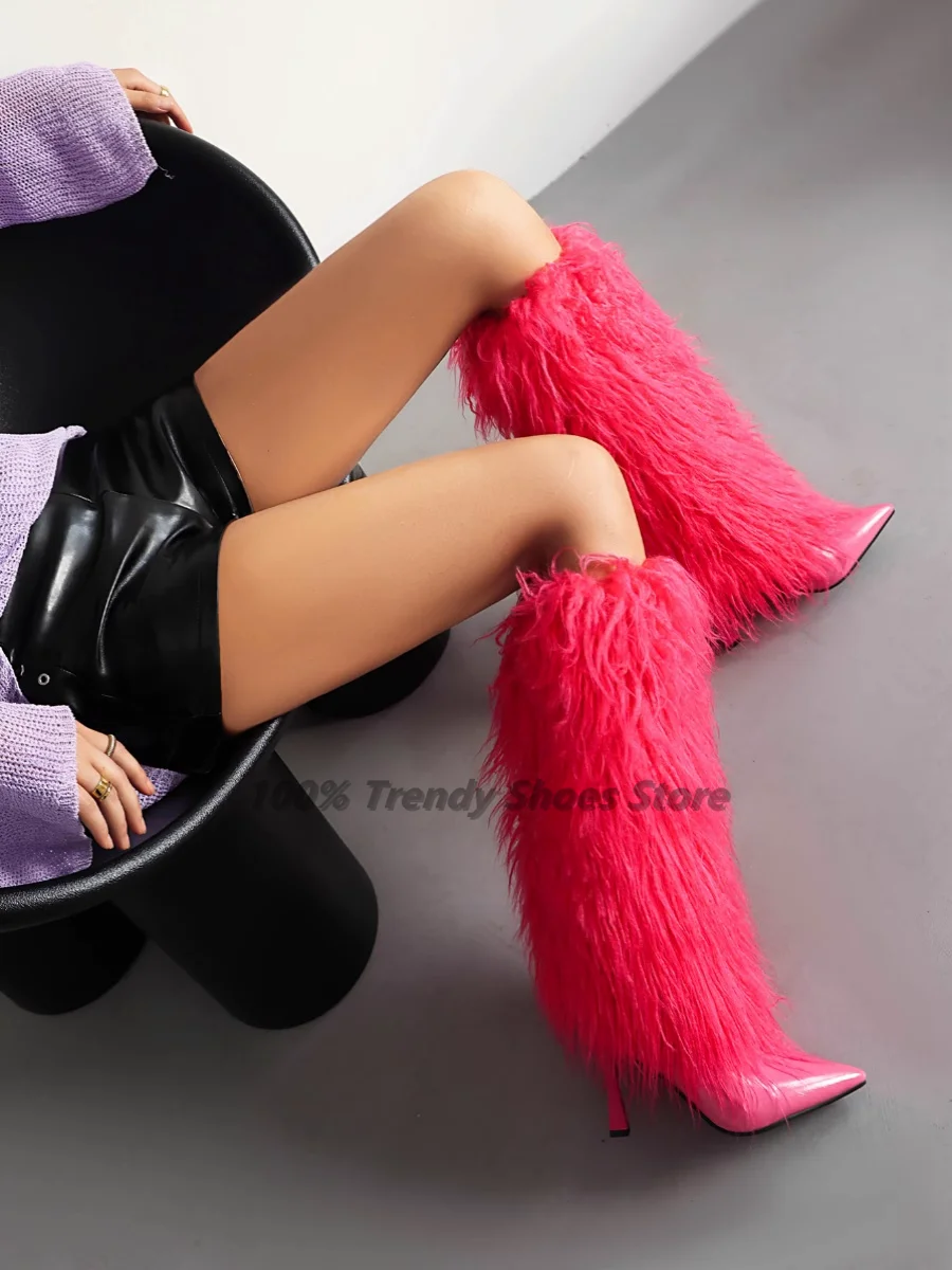 European and American Foreign Trade Pointed Hairy Boots High Heels Pants, Boots, Fur Fringed Boots, Performance Knee High Boots