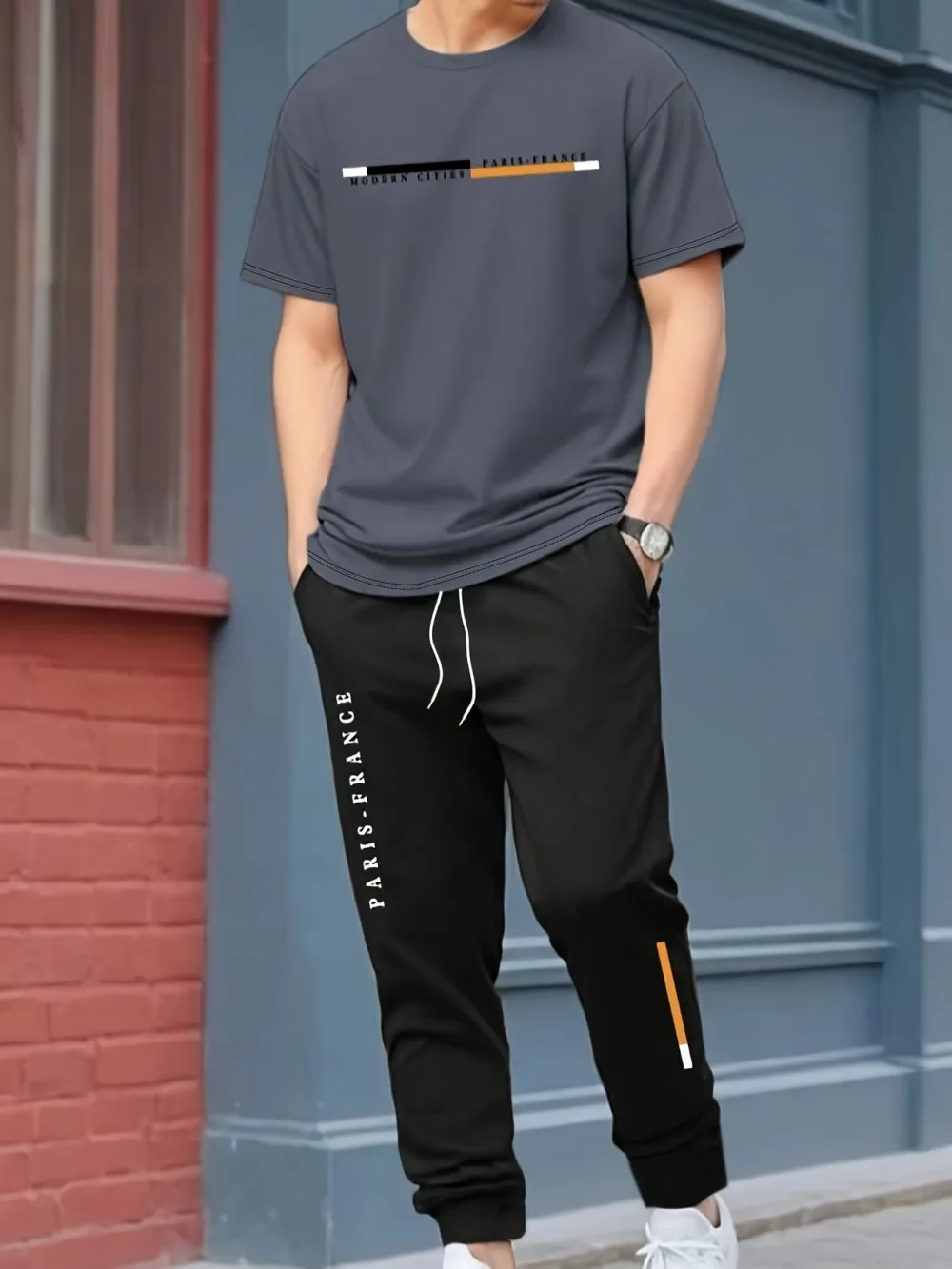 Fashionable summer new men's letter printed round neck breathable T-shirt pants set suitable for outdoor play
