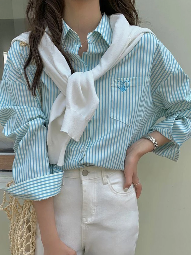 Sweet Pink Striped Shirt Women Summer Single Breasted Shirts Female Korean Fashion Chic Embroidery Casual Office Tops Ladies