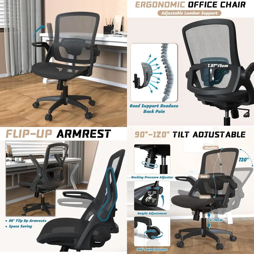 

Adjustable Height Ergonomic Swivel Chair with Lumbar Support and Flip-Up Arms for Home Office Use