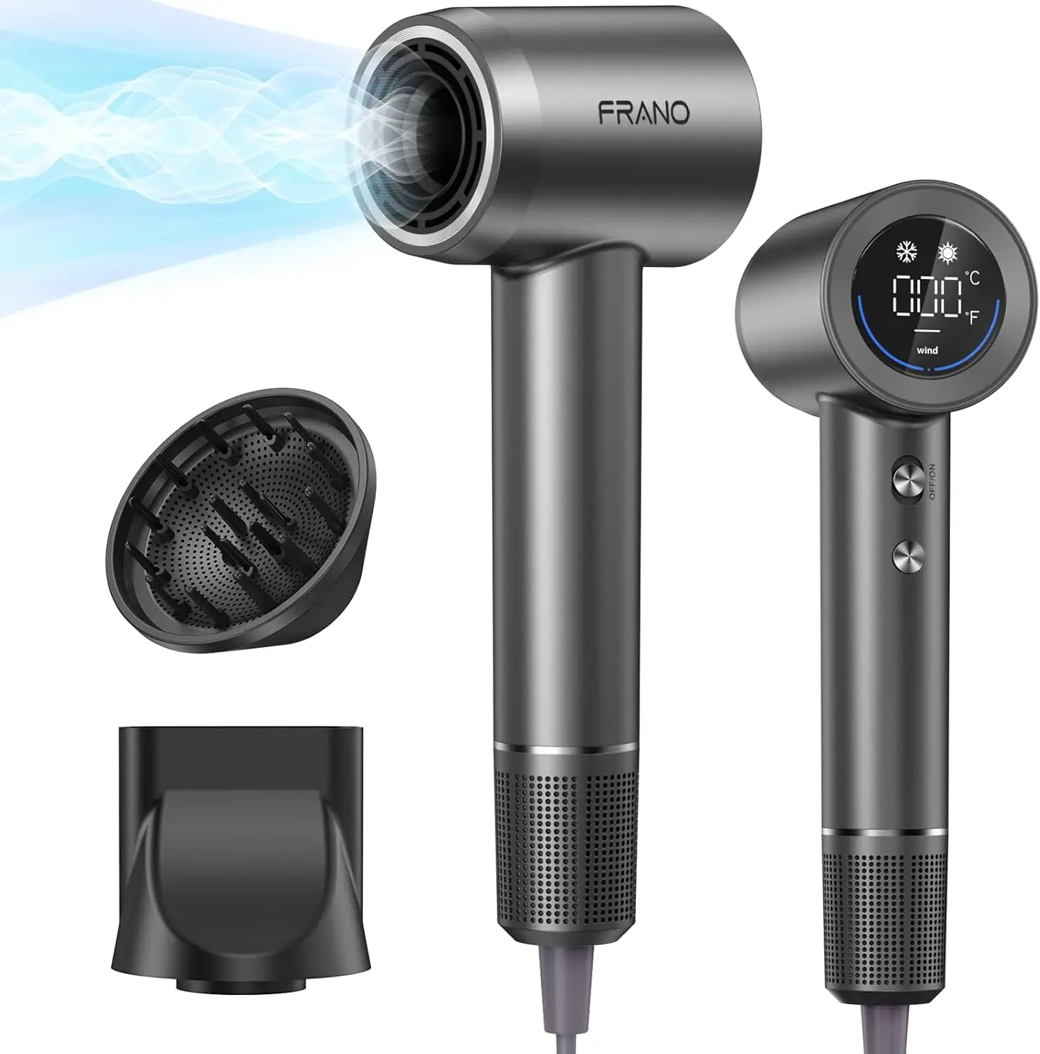 

Профессиональный ионный фен для женщин, высокоскоростной (150 000 об/мин) с магнитным диффузором и насадкой, HD-дисплей