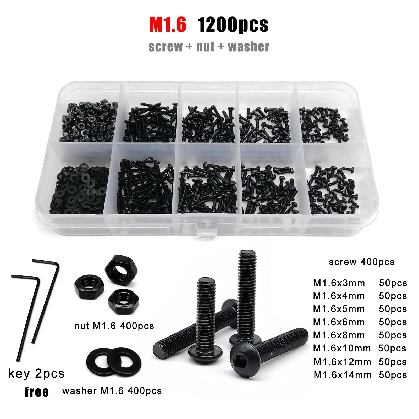M1,6 M2 M2,5 M3 M4 M5 M6 M8 Schwarz Güteklasse 10,9 Stahl Sechskant Innensechskant Innensechskant Rundkopfschraube Bolzen Mutter Sortiment Kit Box – Detail 3