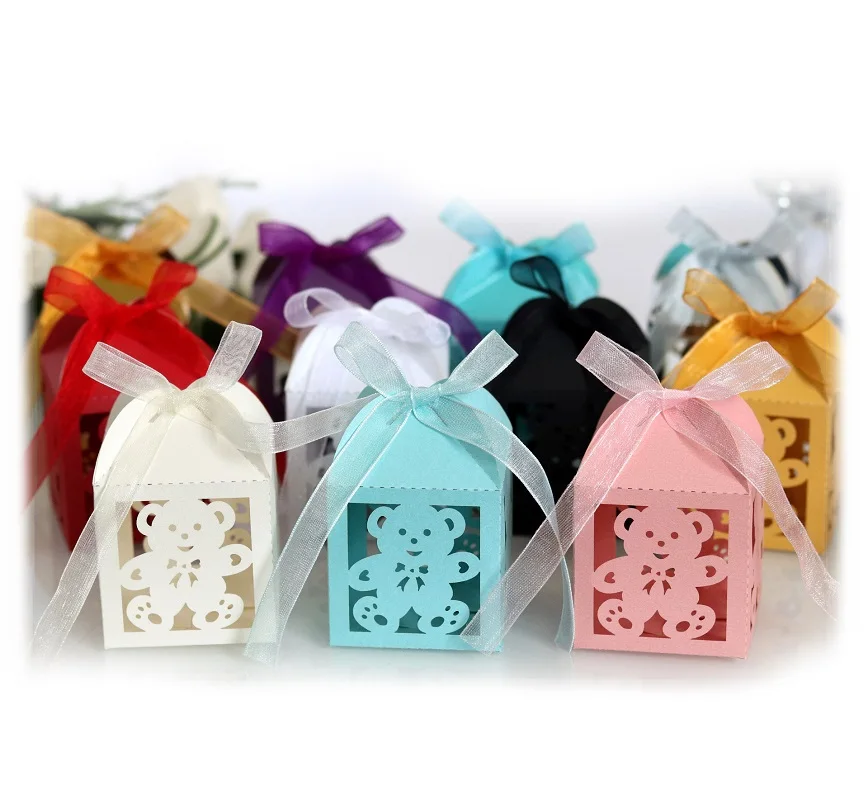 100pcs Cut Hollow Paper Bear Carriage Candy Chocolates Box Ribbon For Wedding Birthday Party Baby Shower Favor Gift Decorate