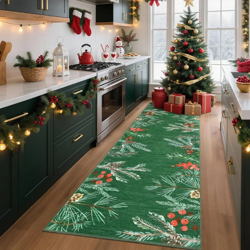 Home Decor Green - พรมปูพื้นคริสต์มาส VIKAMA สีเขียวลายโคนต้นสนและผลฮอลลี่ ป้องกันการลื่น สำหรับห้องครัว พื้นห้องโถง