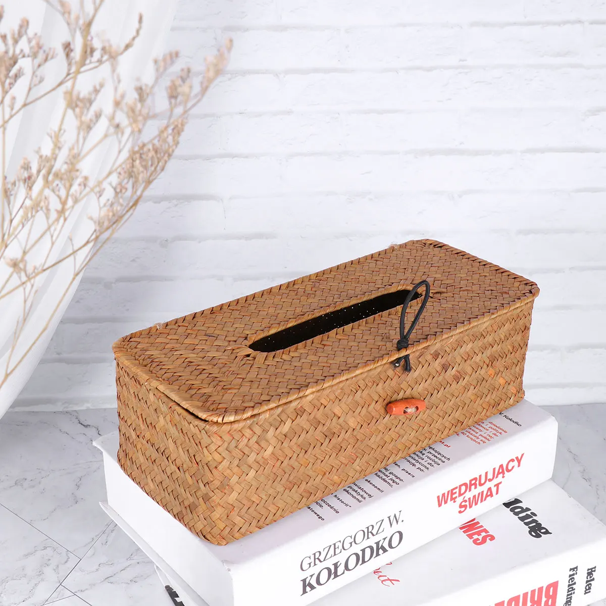 

Natural Seaweed Tissue Box Hand-Woven Paper Organizer with Lid Button for Bathroom Office Car Retro Napkin Holder