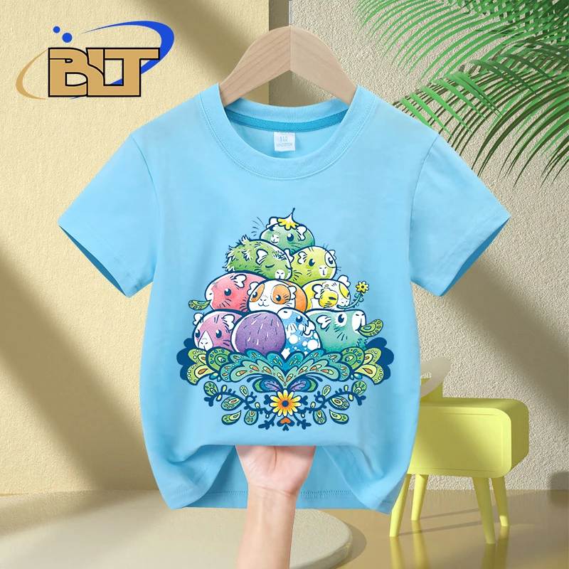 Flowers Piggy Pile in Blue printed kids T-shirt summer children's pure cotton short-sleeved casual tops boys and girls gifts