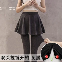 Autumn Winter Invisible Zipper Open Crotch Skorts  Skirts Outdoor Knitted Warm Plus Size Women's Pants Step on Foot Leggings