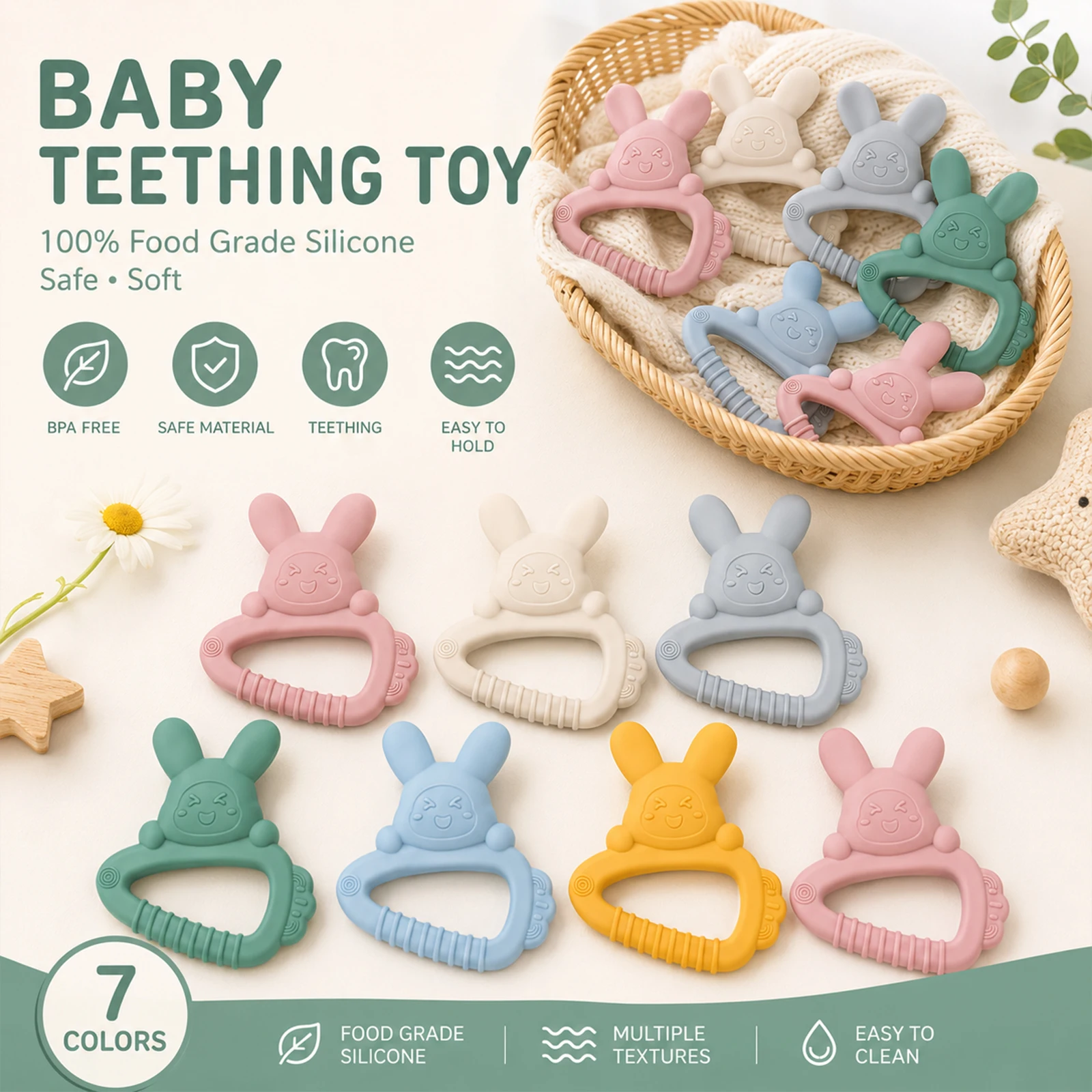 This adorable bunny teething toy is made of food-grade silicone and is a must-have for babies during their teething period.