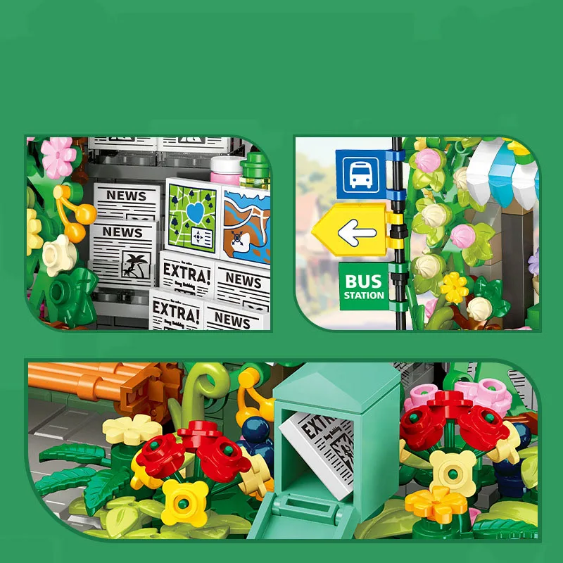 크리 에이 티브 꽃 세계 도시 스트리트 뷰 블록 키오스크 버스 정류장 건물 벽돌 건설 장난감 컬렉션 선물용 빛