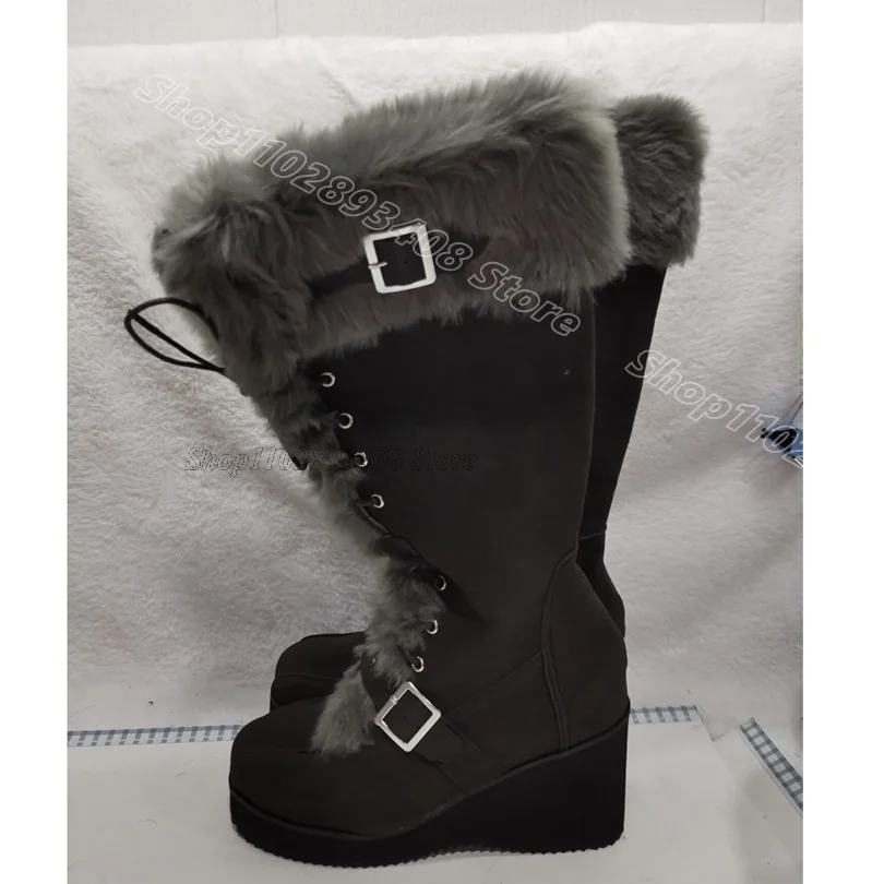 

Gray Fur Wedges Heels Boots Lace up Round Toe Flock Spring Party Design for Women Winter Casual Boots 2025 Zapatos Para Mujere