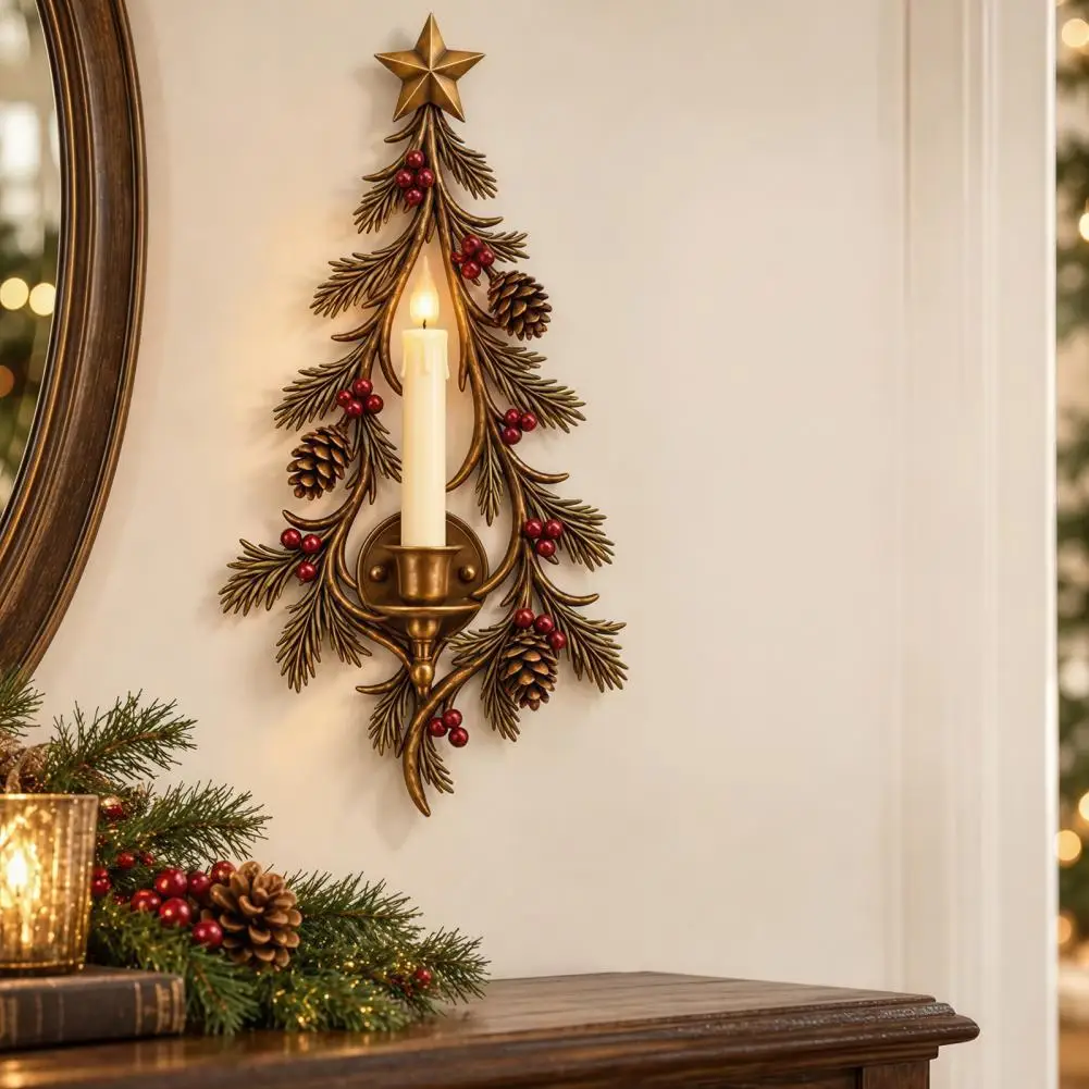 Wall Mounted Christmas Tree Candle Holder, Resin Vintage Sconce With Pine Cones Red Berries, Fireplace Entryway Decor