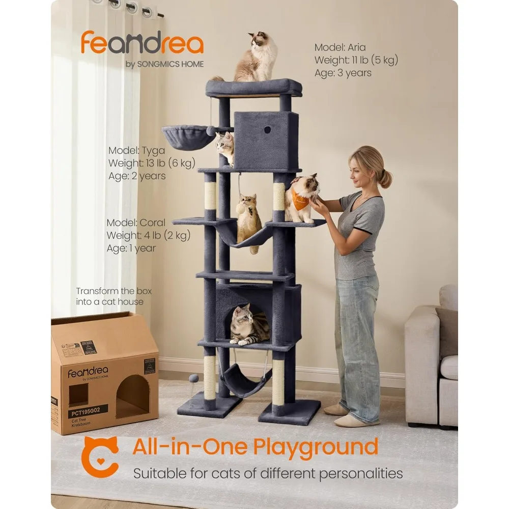 Indoor cat tower, multi-story large cat apartment, scratching post, hammock, perch, 2 cat holes, tip proof kit, dark grey