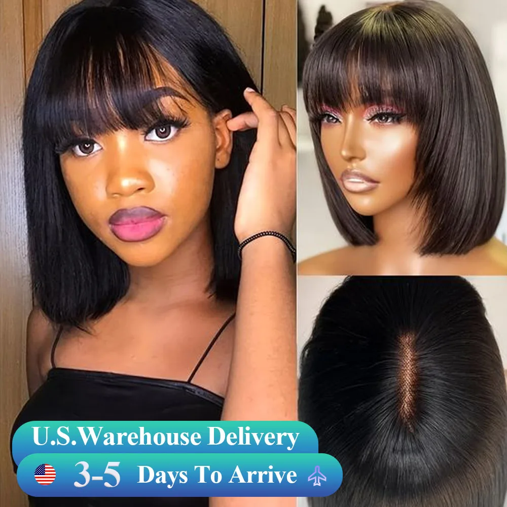 Short Black Bob Wig with Bangs Human Hair Straight Bang Bob Wig Glueless Minimalist 2x1 Lace Scalp Bob Bang Wig For Women