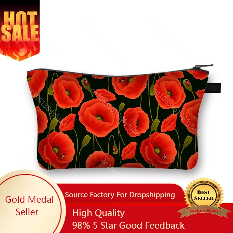 Women Red Poppies Flowers Print Cosmetic Bag Ladies Makeup Bag Small Handbag Female Toiletry Beauty Bags  Cosmetics Case