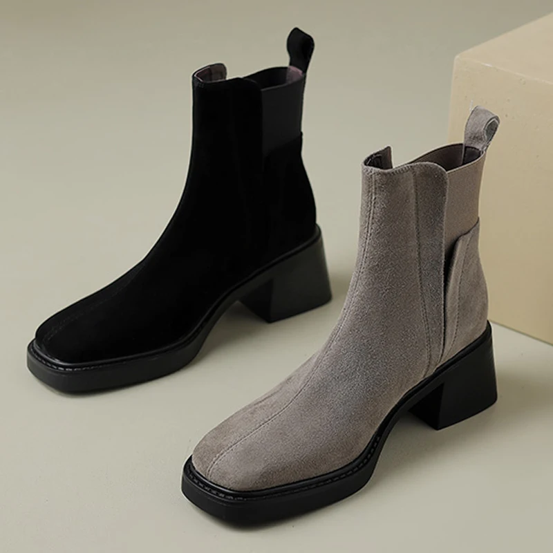 

Женские ботильоны на высоком каблуке, модная замшевая обувь на массивном каблуке, дизайнерские зимние модельные ботинки на каблуке, новинка 2025, трендовые ботинки Mujer Chelsea