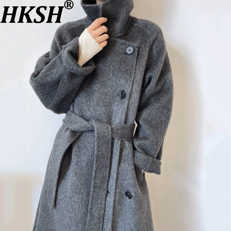 

HKSH 2023, осенне-зимнее новое женское двустороннее шерстяное пальто с воротником-стойкой, однобортное, однотонное, элегантное, верхняя одежда, HK14208