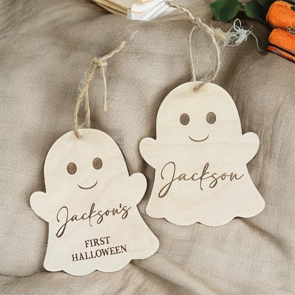 

Personalized 5Pcs Engraved Halloween Ghost Name Tag Baby's First Halloween Keepsake Party Decoration Baby Shower Boo Basket Tag