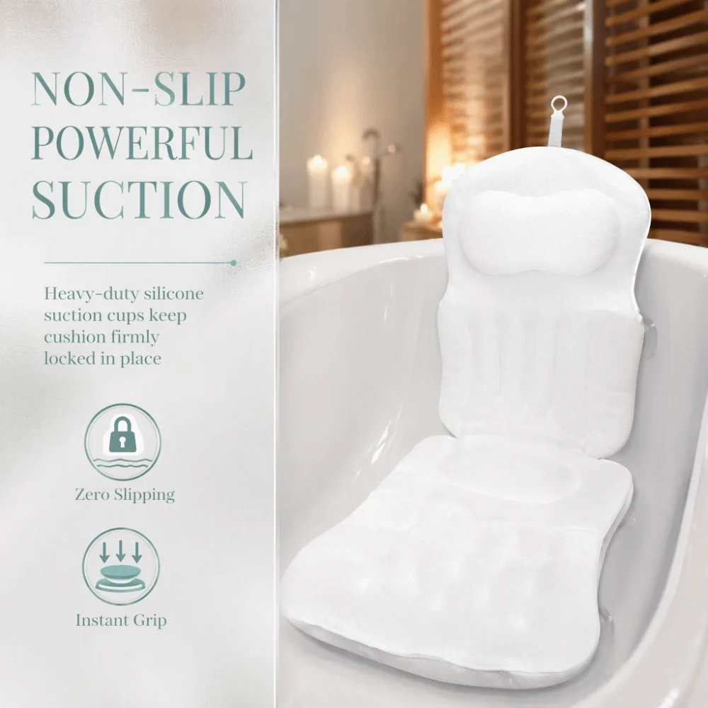 Polyester Full Body Bath Pillow with Suction Cups Non-Slip Design Bathtub Cushion White 4D High Elasticity Bathtub Pillow