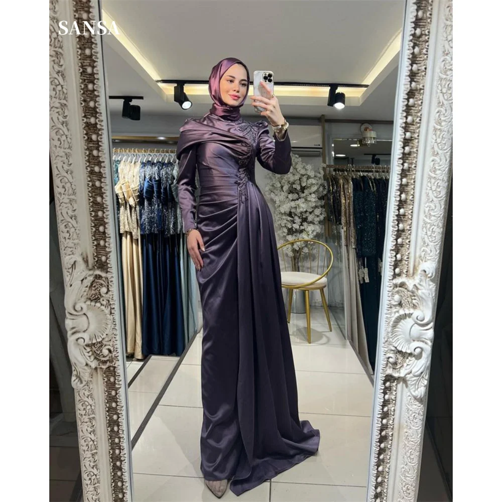 Sansa Purple Satin فساتين سهرة Pleats Modest Mermaid Prom Dresses Elegant Long Sleeves Floor-Length Long Train Saudi Arabia 2024