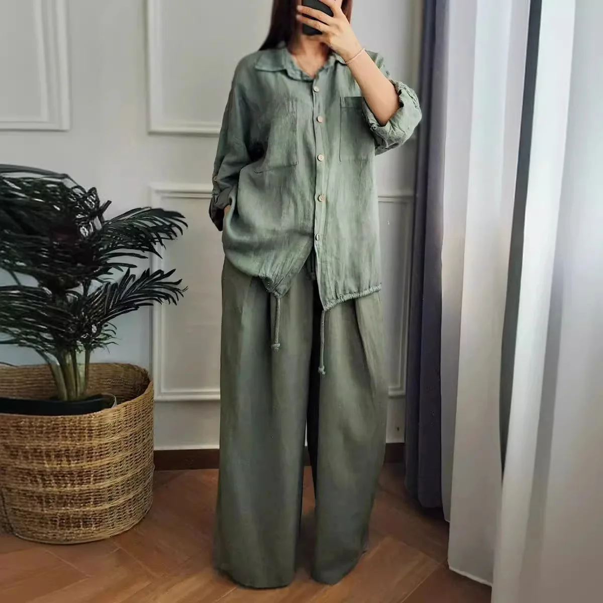 Cotton Linen Loose Set Women Casual Shirt Blouses Wide Leg Trouse 2 Piece Set Female Loose Oversized Pants Suit Women\'s Autumn