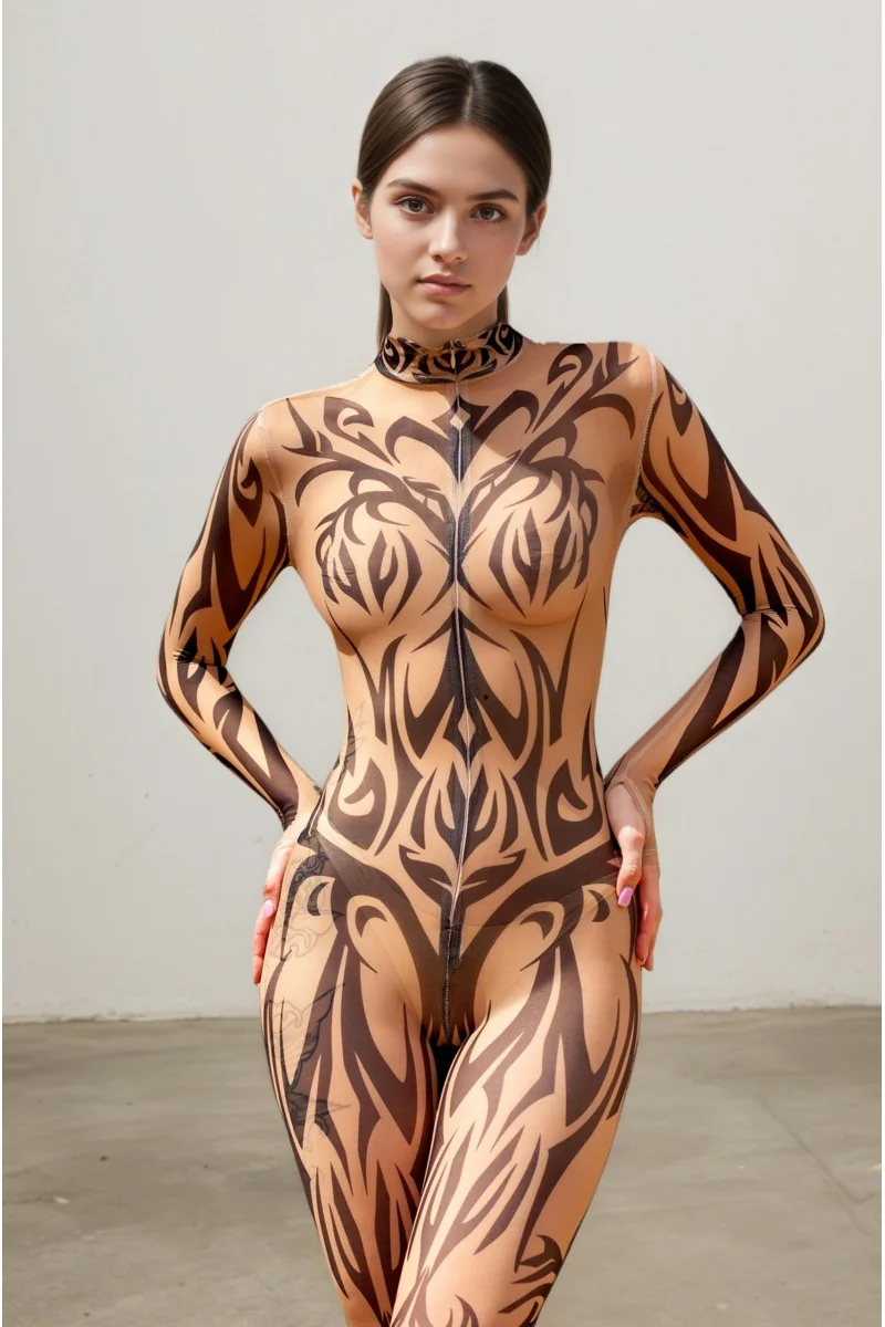 Damen Fleischfarbener Tribal-Bodysuit Geometrischer Festival-Rave-Bühnenshow-Aerial-Yoga-Anzug Hochhals Vollständiger Halloween-Cosplay-Catsuit – Detail 9