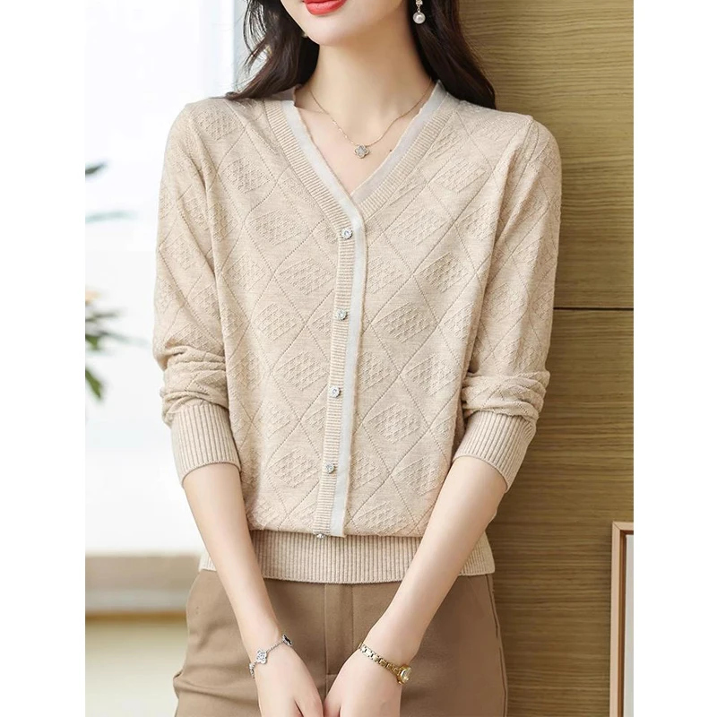 Women Korean Fashion Ruffled Mesh Patchwork Elegant Basic Knitwears Casual V Neck Solid Long Sleeve Loose Pullover Tops Jumpers