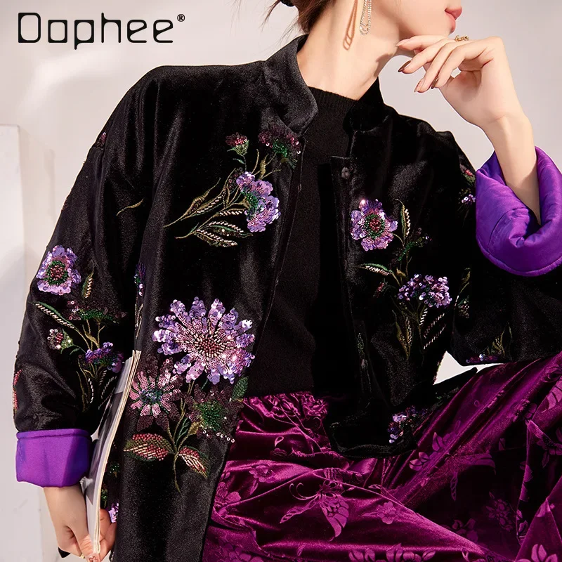 Spring New Chinese Embroidered Sequined Jacket Retro Colored Flower Thicken Coat Heavy Industry Ostrich Fur Patchwork Jackets