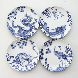 Chinese Painted Auspicious Animals Dessert Plates Vintage Blue and White Underglaze Ceramic Dinner Plate Afternoon Tea Tableware