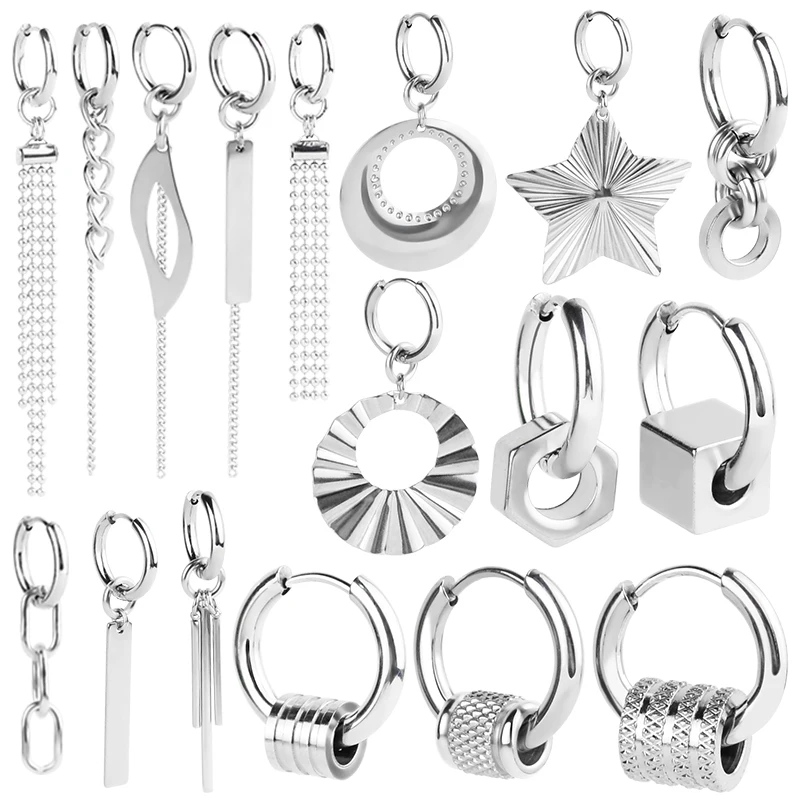 1 PC New Punk Stainless Steel Chain Hoop Earrings For Women Men 2023 Trendy Goth Pop Hip Hop Pendants Ear Geometric Bead Earring