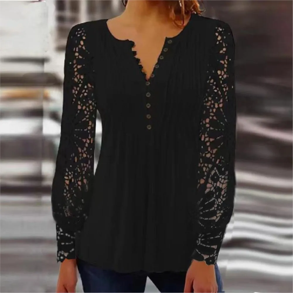 Lace Long Sleeve Pleated Blouse Women Sexy V Neck Hollow Out Button T Shirts Lady Spring Autumn Clothes Tops