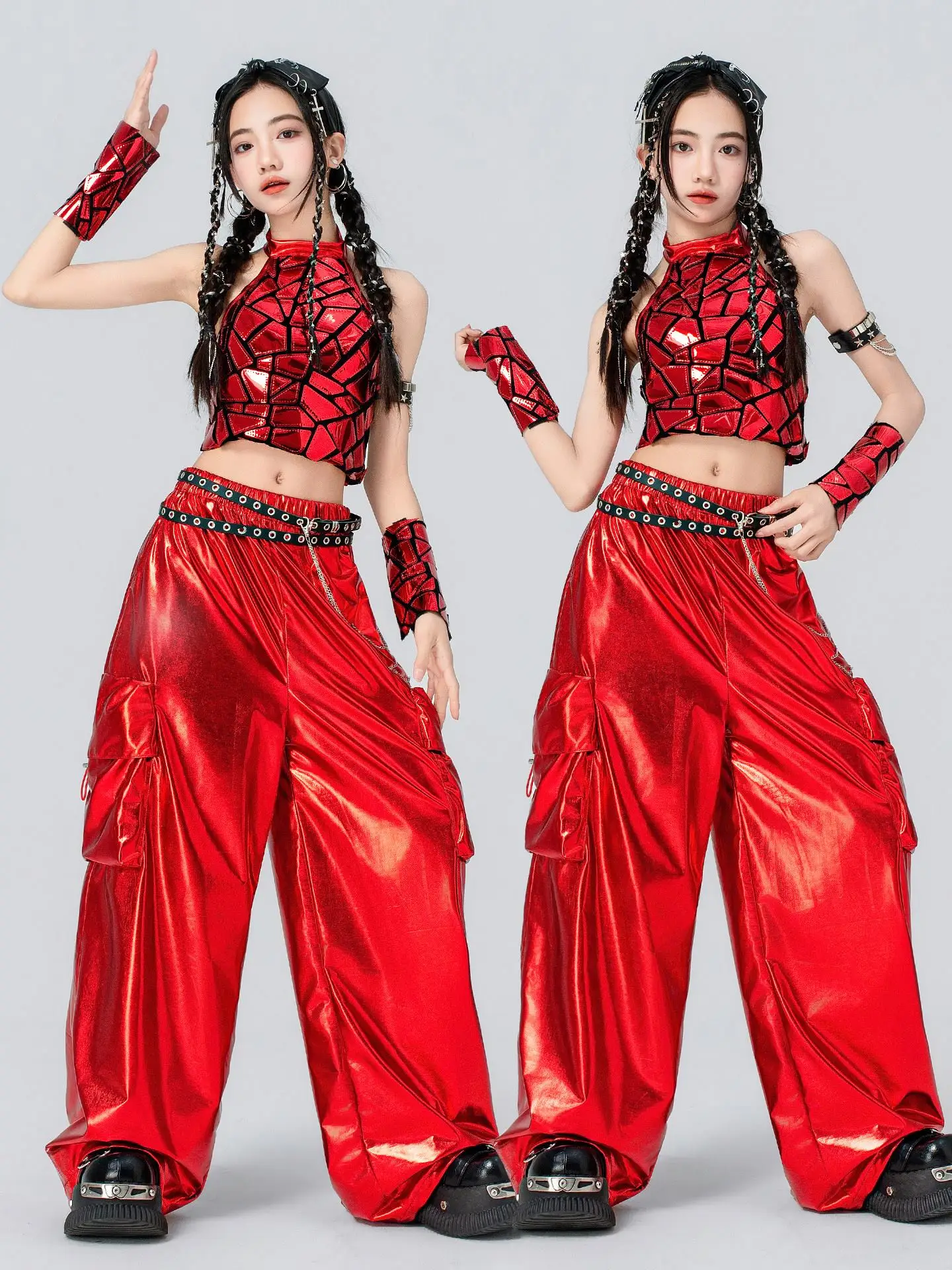 

Red Hip Hop Dance Costume Girls Jazz Dance Navel Tops Glossy Pants Kpop Outfits Kids Fashion Stage Performance Clothes BL19459