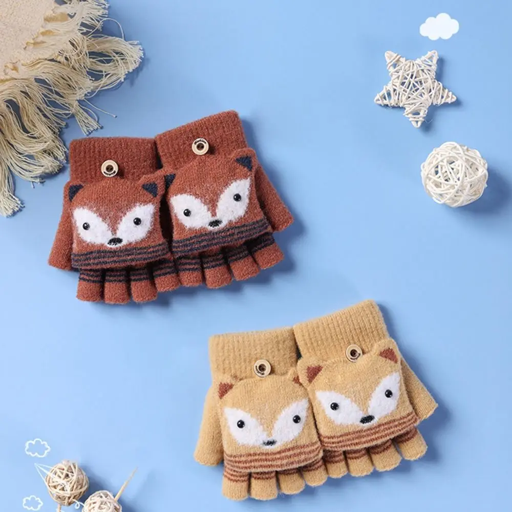 Thick Autumn Winter Cartoon Fox Flip Fingerless Gloves Warm Gloves Children Mittens Knitted Gloves