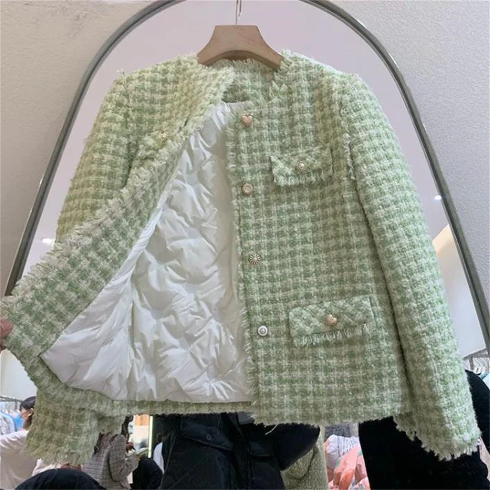 Veste chaude en laine tweed vintage pour femme, 80% duvet de canard blanc, manteau à simple boutonnage, pompon à carreaux, vêtements d'extérieur en duvet Ol, parkas d'automne