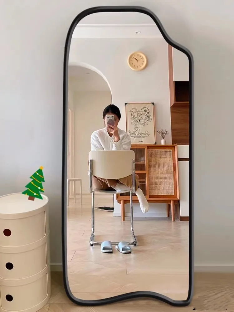 Wholesale Black Frame Irregular Wavy Full Length Mirror Floor Standing Dressing Mirror For Hotel Villa Clothing Store view 5